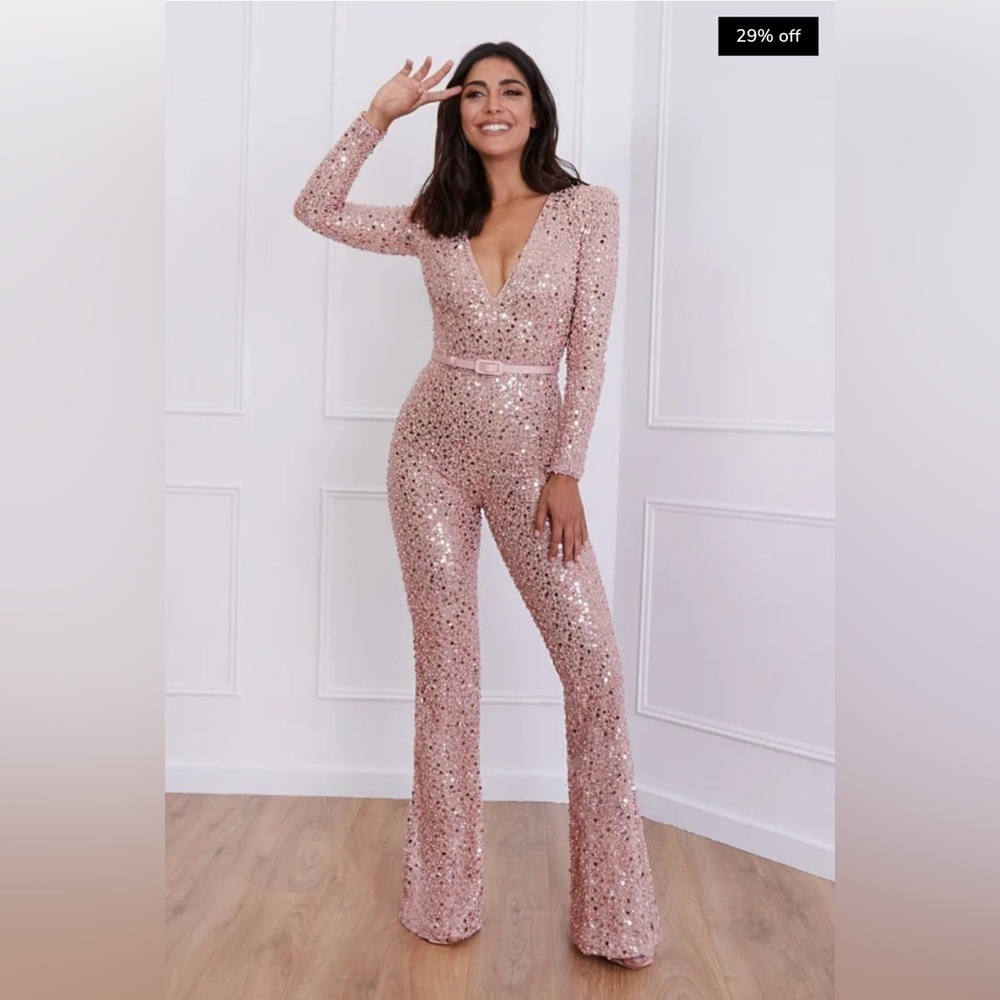 NWT NADINE MERABI Pink Eliza Beaded Embellished Jumpsuit Size XL